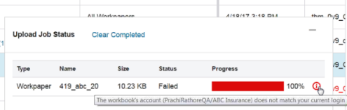 Screen capture showing the Firm Edition failure in the pop-up Upload Job Status.